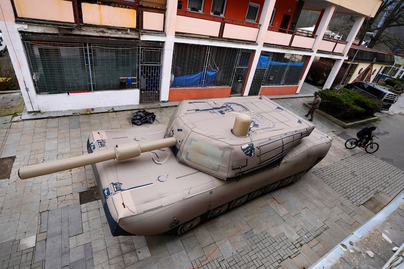 An inflatable decoy of an Abrams tank in Decin, Czech Republic. AP
