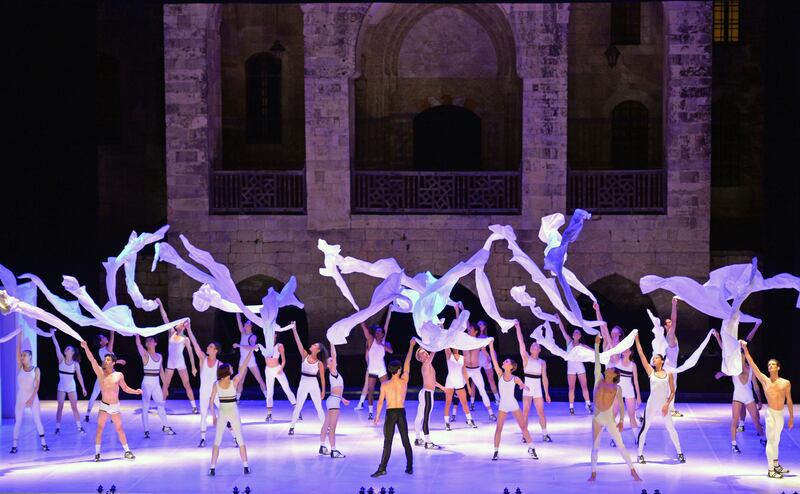 epa06088331 Dancers of the Swiss ballet company Bejart Ballet Lausanne perform on stage during the show 'Ballet for Life' at the Beiteddine Art Festival 2017 in Beiteddine, southeast of Beirut, Lebanon, 14 July 2017. The festival runs from 01 July to 12 August 2017.  EPA/WAEL HAMZEH