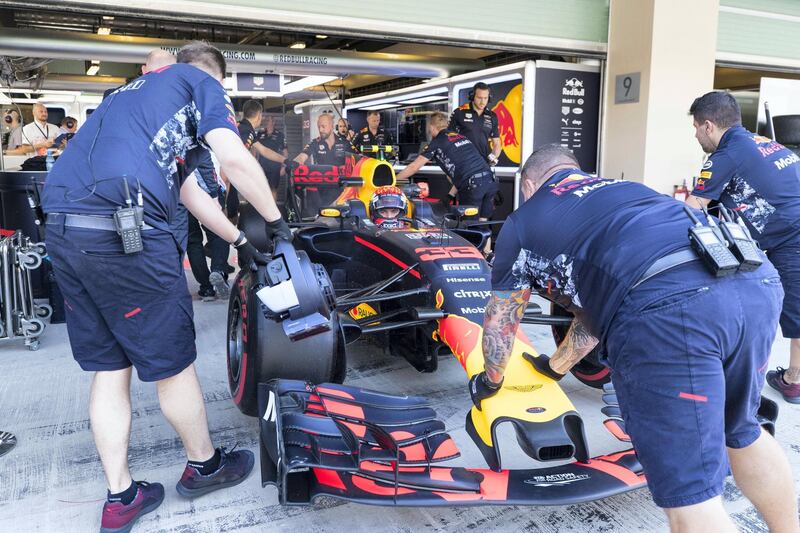 Abu Dhabi, United Arab Emirates, November 24, 2017:    Max Verstappen of Belgium and Red Bull Racing during practise for the Abu Dhabi Formula One Grand Prix at Yas Marina Circuit in Abu Dhabi on November 24, 2017. Christopher Pike / The National

Reporter: Graham Caygill
Section: Sport