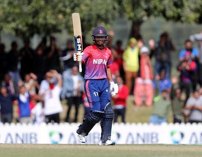 Dubai, United Arab Emirates - January 26, 2019: Rohit Paudel of Nepal makes 50 in the the match between the UAE and Nepal in a one day internationl. Saturday, January 26th, 2019 at ICC, Dubai. Chris Whiteoak/The National