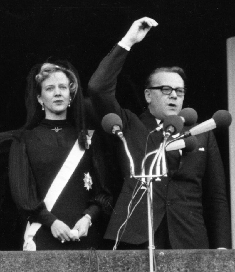 Princess Margrethe is proclaimed Queen of Denmark by Danish prime minister Jens Otto Krag on the balcony of Christiansborg Castle in 1972. EPA
