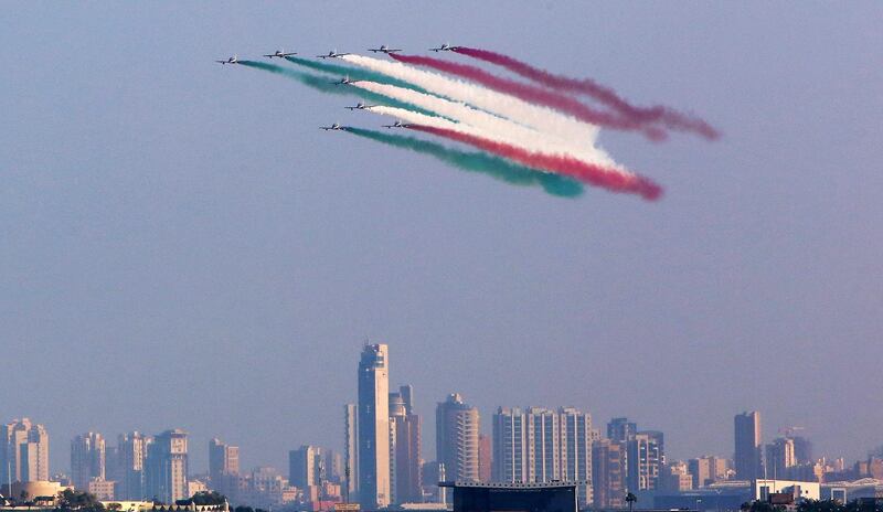 Italian Air Force aerobatic team performs in Kuwait City as part of the celebration of Italian week in Kuwait. AFP