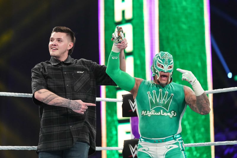 Rey Mysterio, right, with son Dominik at WWE Elimination Chamber in Jeddah in February. 