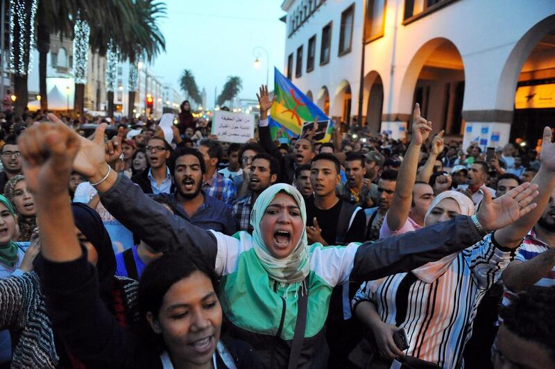 Protesters take part in a rally in Rabat on October 30, 2016 after a fishmonger in the northern town of Al Hoceima was crushed to death inside a rubbish truck two days earlier as he tried to retrieve fish confiscated by police. Reuters