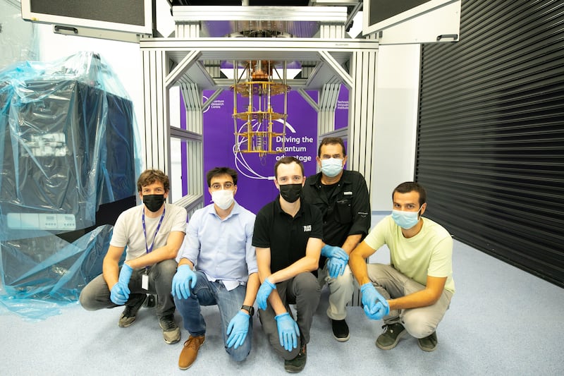 Members of the Quantum Research Centre team. From left to right, Alvaro Orgaz, senior project manager; Boulos Alfakes, postdoctoral researcher; Andrii Torgovkin, technical engineer; Carsten Andrew Lutken, executive director – quantum computing, and David Fuentes, engineer.