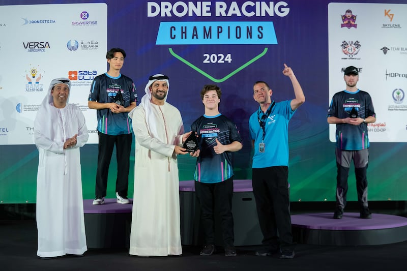 American contestant Levi Johnson, or Leviathann, is crowned winner of Sharjah's first Drone Racing Championship by Sheikh Sultan bin Ahmed Al Qasimi, Deputy Ruler of Sharjah. All photos: Sharjah Government Media Bureau