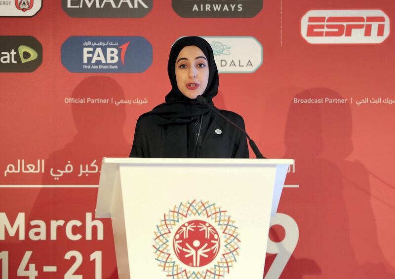 Abu Dhabi, United Arab Emirates - December 04, 2018: HE Shamma Al Mazrui, Minister of State for Youth affairs. The Local Organizing Committee of Special Olympics World Games Abu Dhabi 2019 will be hosting its first major Media Summit ahead of the World Games due to take place from 14 - 21 March 2019. Tuesday the 4th of December 2018 at The Westin, Abu Dhabi. Chris Whiteoak / The National