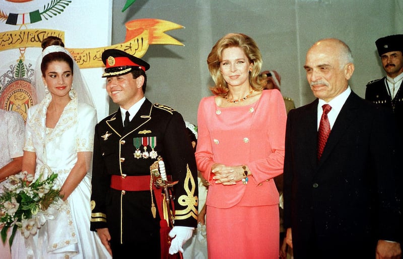 From left, Rania-Al Yassin, Crown Prince Abdullah, Queen Noor and King Hussein of Jordan at the wedding. AFP