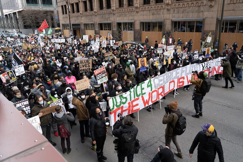 Demonstrators march through downtown Minneapolis. Willy Lowry / The National