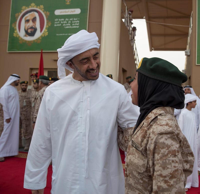 Sheikh Abdullah bin Zayed, Minister of Foreign Affairs and International Cooperation, speaks with his daughter Sheikha Fatima bint Abdullah, during the volunteer cadet summer course graduation ceremony at Sieh Al Hama military camp. Mohammed Al Hammadi / Crown Prince Court - Abu Dhabi