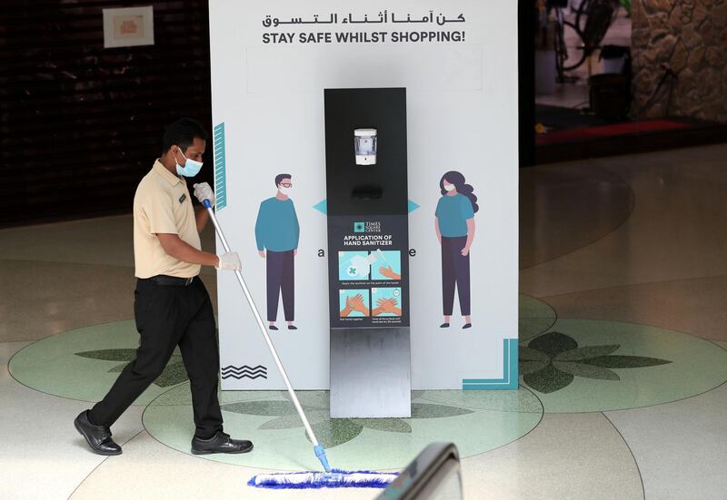 Dubai, United Arab Emirates - Reporter: N/A. News. Coronavirus/Covid-19. A member of staff cleans at Times Square in Dubai. Tuesday, October 20th, 2020. Dubai. Chris Whiteoak / The National