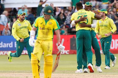 South Africa's Kagiso Rabada celebrates after taking the wicket of Australia's Matthew Wade. Reuters