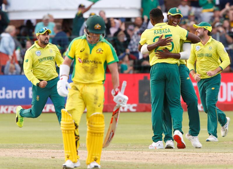 Cricket - South Africa v Australia - Second T20 - St George's Park, Port Elizabeth, South Africa - February 23, 2020  South Africa's Kagiso Rabada celebrates after taking the wicket of Australia's Matthew Wade  Action Images via Reuters/Rogan Ward
