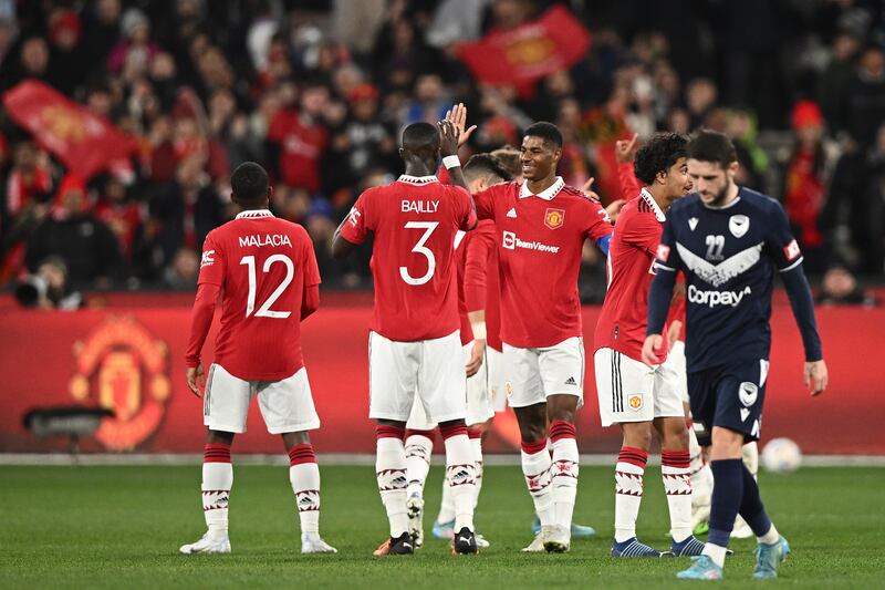 Marcus Rashford of Manchester United celebrates scoring in the friendly against Melbourne Victory at the Melbourne Cricket Ground on Friday, July 15, 2022. EPA