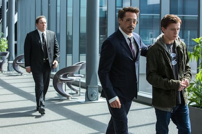 From left: Jon Favreau, Robert Downey Jr and Tom Holland in 'Spider-Man: Homecoming'. Chuck Zlotnick / CTMG