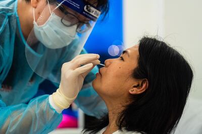 A healthcare worker wearing personal protection equipment (PPE) collects a swab sample to test for the coronavirus in Hong Kong, China, on Monday, Nov. 23, 2020. After a long lull with just a handful of cases a day, the deteriorating situation in Hong Kong prompted the government to impose tighter social-distancing rules and to close schools again. Photographer: Chan Long Hei/Bloomberg