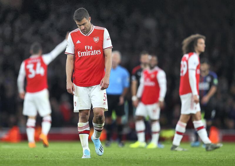 LONDON, ENGLAND - OCTOBER 27: A dejected looking Sokratis Papastathopoulos of Arsenal during the Premier League match between Arsenal FC and Crystal Palace at Emirates Stadium on October 27, 2019 in London, United Kingdom. (Photo by Catherine Ivill/Getty Images)