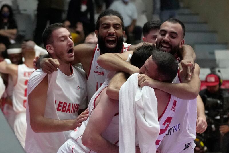Lebanon players celebrates after defeating China in their Fiba Asia Cup 2022 quarter-final match in Jakarta, Indonesia, on Wednesday, July 20, 2022. AP