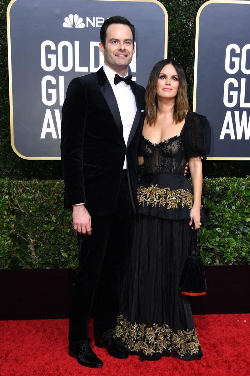 US actor Bill Hader and actress Rachel Bilson arrive for the 77th annual Golden Globe Awards. AFP