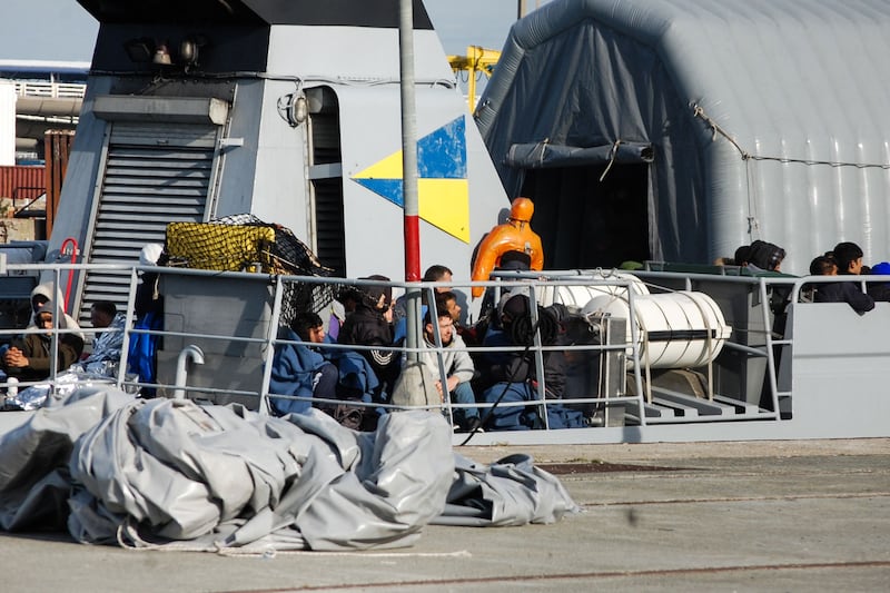 Eighty-two Iraqi, Iranian and African migrants on the French navy patrol boat 'Le Flamant' in Calais, northern France, after being rescued from the English Channel on Monday. Photo: AFP