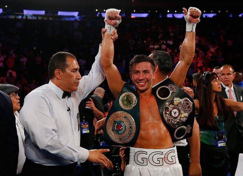 Kazakh boxer Gennady Golovkin celebrates after his win over Daniel Geale on Saturday in New York City. Mike Stobe / Getty Images / AFP / July 26, 2014