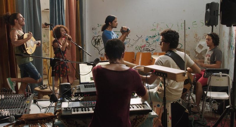 The fictional band Joujma rehearse in a scene from As I Open My Eyes, by Leyla Bouzid, set in the months leading up to Tunisia’s 2011 revolution. 
