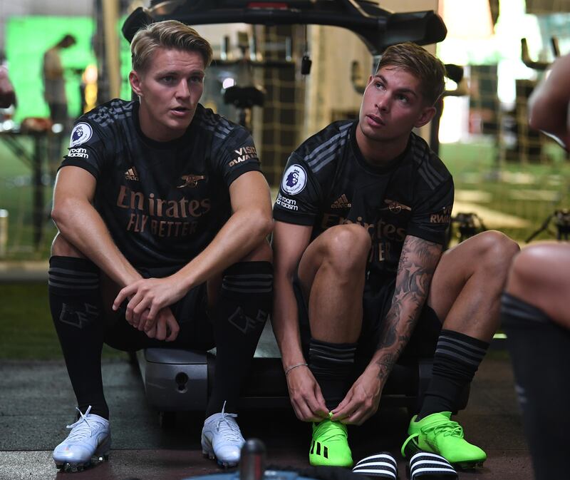  Martin Odegaard and Emile Smith Rowe during the Arsenal media day.