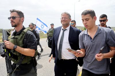 Israel's Minister of National Security Itamar Ben-Gvir joins a protest march to the settler outpost of Evyatar in the occupied West Bank on Monday. Reuters