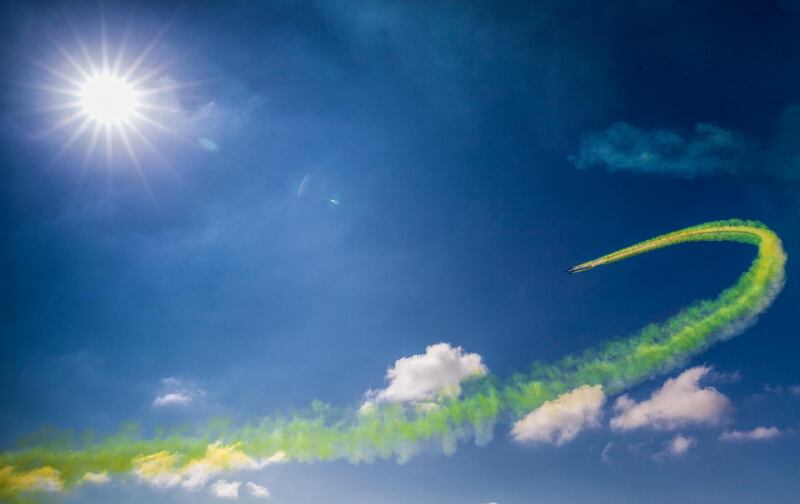 Chinese J-10 fighter jets fly in formation on the first day of a military airshow in Zhuhai, Guangzhou province.  EPA