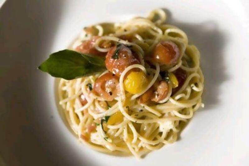 Spaghetti a la Sorentina, which includes tomatoes and melted mozzerella.