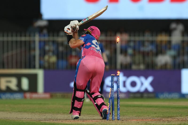 Glenn Philipps of Rajasthan Royals is bowled by Nathan Coulter-Nile. Sportzpics for IPL