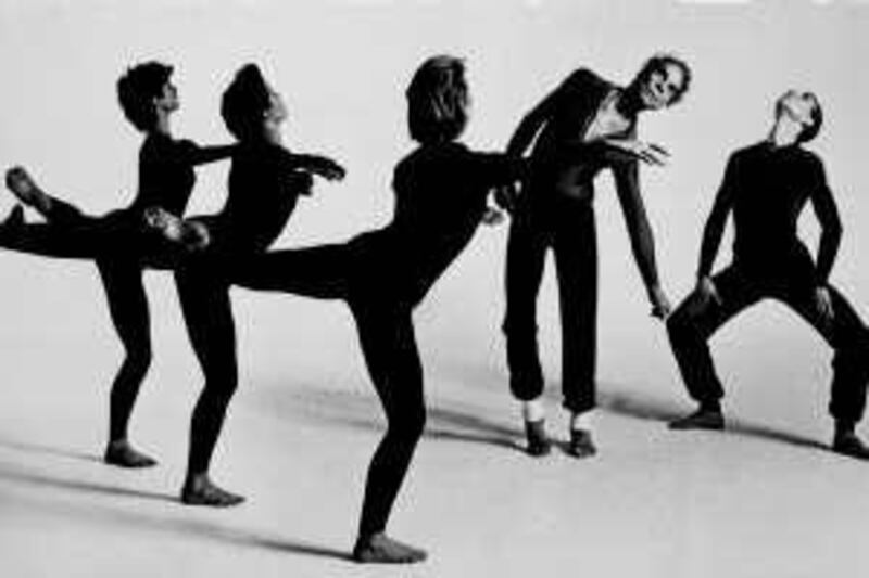 In a Aug.18,1986 file photo, choreographer Merce Cunningham, second from right, performs in a piece titled "Quartet" with the Merce Cunningham Dance Company.  (AP Photo, File) *** Local Caption ***  NY123_Obit_Merce_Cunningham.jpg