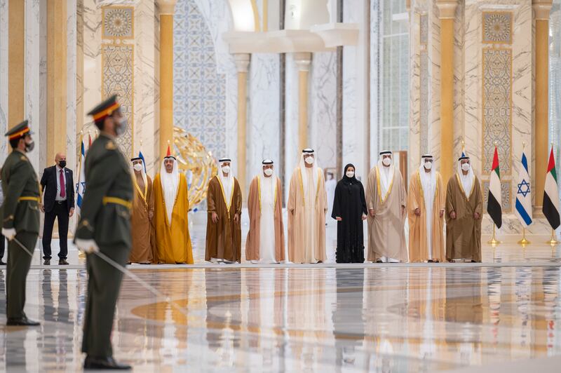 Emirati ministers and senior officials together at Qasr Al Watan. Rashed Al Mansoori / Ministry of Presidential Affairs