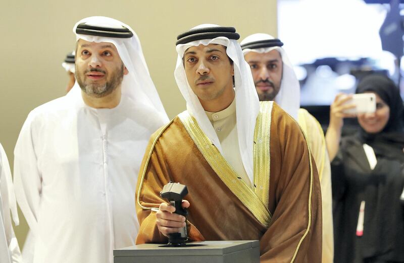 ABU DHABI, UNITED ARAB EMIRATES , Feb 23  – 2020 :- Sheikh Mansour Bin Zayed Al Nahyan, Deputy Prime Minister and Minister of Presidential Affairs unveiling  the Garmousha drone by Adasi on the first day of the UMEX & SimTEX held at Abu Dhabi National Exhibitions Centre in Abu Dhabi. (Pawan  Singh / The National) For News/Online/Instagram.  Story by Kelsey Warner 