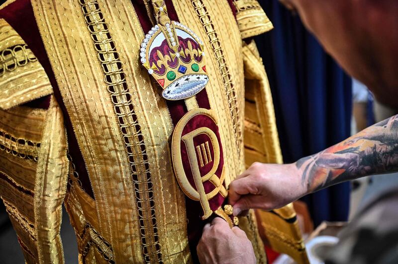 The drum major's state coat, adorned with the new CR III cypher, to be worn during the coronation. AFP