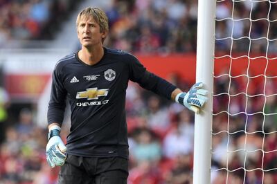 Manchester United's Edwin van der Sar pictured during the friendly football match between Manchester United's Legends and Barcelona's Legends at Old Trafford in Manchester, north-west England, on September 2, 2017. - The charity friendly football match reuniting former Manchester United stars with legends from Barcelona was arranged by the Manchester United Foundation, to commemorate the recent terror attacks in both cities. (Photo by Paul ELLIS / AFP)