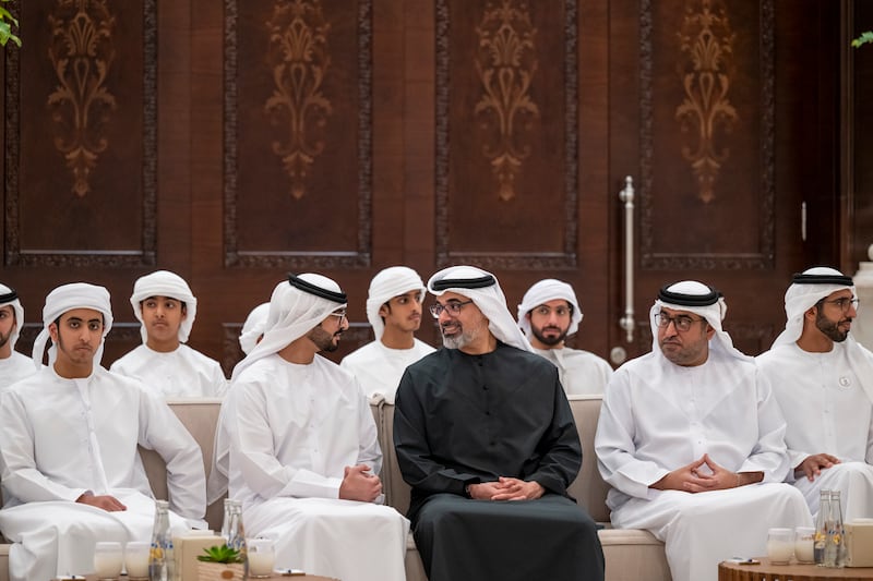 Sheikh Khaled bin Mohamed, Crown Prince of Abu Dhabi and Chairman of Abu Dhabi Executive Council, Sheikh Shakhbout bin Nahyan, Minister of State, Sheikh Mohamed bin Hamdan bin Zayed, and other sheikhs. Abdulla Al Bedwawi / UAE Presidential Court 