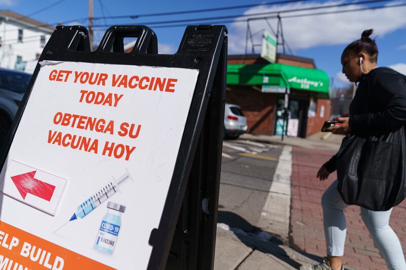 A sign promoting Covid-19 vaccines outside a clinic in Providence, Rhode Island, on March 3. AP