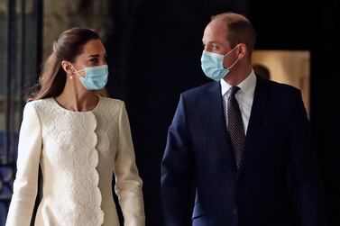 The Duke and Duchess of Cambridge visit a vaccination centre at Westminster Abbey on the first anniversary of the UK's initial lockdown. AP 