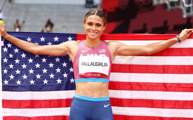 Winner Sydney McLaughlin of the US celebrates after winning the Women's 400m Hurdles.