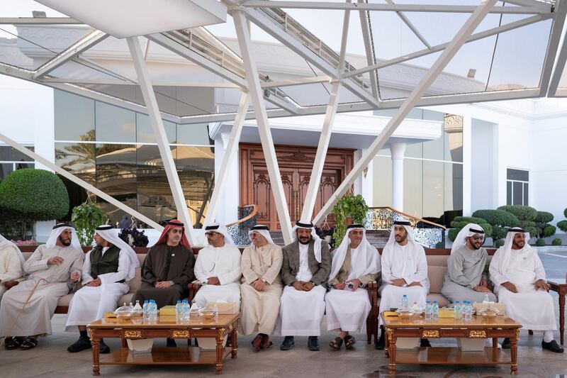 ABU DHABI, UNITED ARAB EMIRATES - January 21, 2019: (R-L) HH Sheikh Mohamed bin Butti Al Hamed, HH Sheikh Hamdan bin Zayed Al Nahyan, Ruler’s Representative in Al Dhafra Region, HH Sheikh Abdullah bin Rashid Al Mu'alla, Deputy Ruler of Umm Al Quwain, HH Lt General Sheikh Saif bin Zayed Al Nahyan, UAE Deputy Prime Minister and Minister of Interior, HH Sheikh Saeed bin Mohamed Al Nahyan, HE Dr Anwar bin Mohamed Gargash, UAE Minister of State for Foreign Affairs, HH Sheikh Hamed bin Zayed Al Nahyan, Chairman of the Crown Prince Court of Abu Dhabi and Abu Dhabi Executive Council Member, HH Sheikh Marwan Al Mu'alla, HH Sheikh Khaled bin Zayed Al Nahyan, Chairman of the Board of Zayed Higher Organization for Humanitarian Care and Special Needs (ZHO) and Sultan bin Ali Al Khatri, attend a Sea Palace barza.

( Mohamed Al Hammadi / Ministry of Presidential Affairs )
---