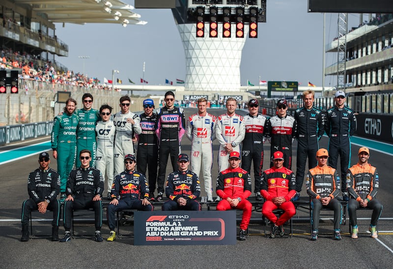 Drivers line up for the end-of-season photo at the Abu Dhabi Grand Prix in Yas Marina Circuit on Sunday, November 20, 2022. All images Victor Besa / The National