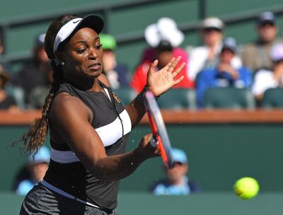 Mar 8, 2019; Indian Wells, CA, USA; Sloane Stephens (USA) during her second round match against Stefanie Voegele (not pictured) in the BNP Paribas Open at the Indian Wells Tennis Garden. Mandatory Credit: Jayne Kamin-Oncea-USA TODAY Sports