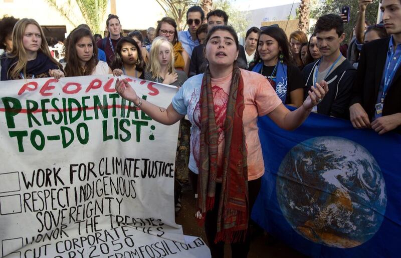 American students protest outside the UN climate talks during the COP22 international climate conference in Marrakech in reaction to Donald Trump’s victory in the US presidential election,on November 9, 2016. Fadel Senna / AFP