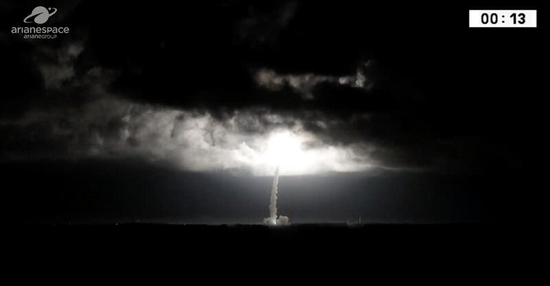 The Vega rocket carrying the UAE's FalconEye1 satellite lifts off from Guiana Space Centre on Thursday. The mission failed shortly after. Courtesy Arianespace