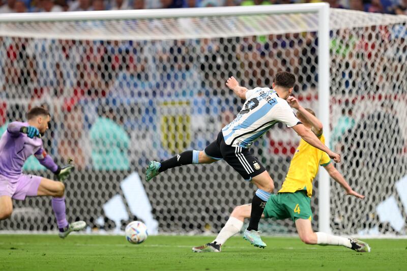 Julian Alvarez scores Argentina's second goal. Getty