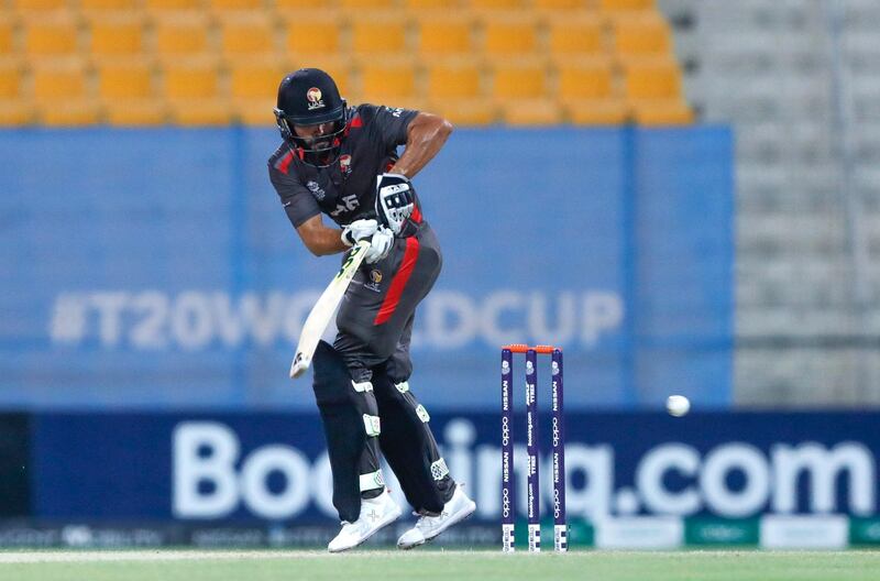 Abu Dhabi, United Arab Emirates, October 27, 2019.  
T20 UAE v Canada-AUH-
--  Rameez Shazad of the UAE in action during their Deciding match in the pool stagematch against Canada.
Victor Besa/The National
Section:  SP
Reporter:  Paul Radley