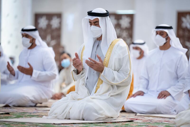 Sheikh Mohamed bin Zayed, Crown Prince of Abu Dhabi and Deputy Supreme Commander of the Armed Forces, attends Eid Al Fitr prayers at the Sheikh Zayed Grand Mosque. Photo: Ministry of Presidential Affairs