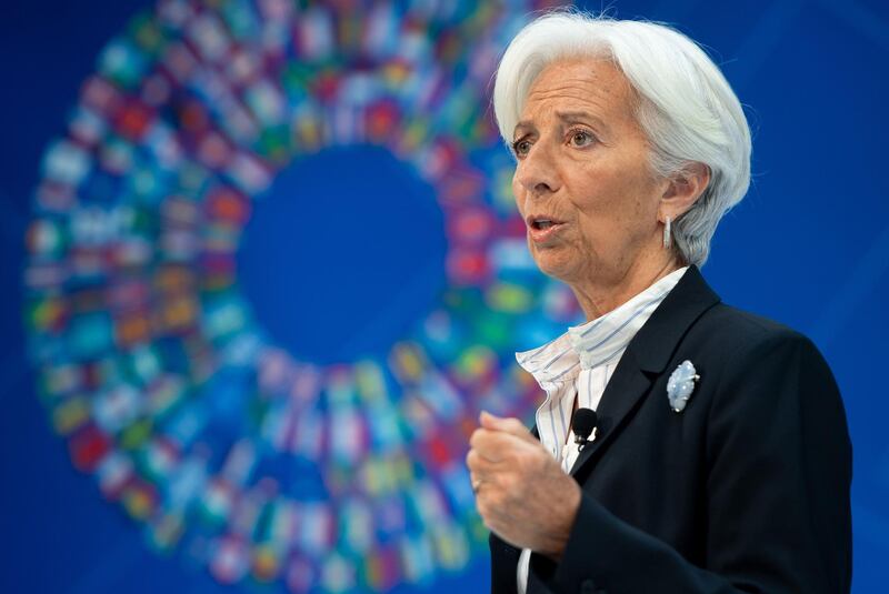 (FILES) In this file photo taken on April 10, 2019 IMF Managing Director Christine Lagarde speaks about "Bretton Woods After 75: Rethinking International Cooperation", during the IMF - World Bank Spring Meetings at International Monetary Fund Headquarters in Washington, DC. International Monetary Fund chief Christine Lagarde on July 2, 2019 announced she would step down from the global lender after being nominated to lead the European Central Bank."I am honored to have been nominated for the @ECB Presidency," Lagarde said on Twitter. "In light of this, and in consultation with the Ethics Committee of the IMF Executive Board, I have decided to temporarily relinquish my responsibilities as IMF Managing Director during the nomination period."
 / AFP / SAUL LOEB
