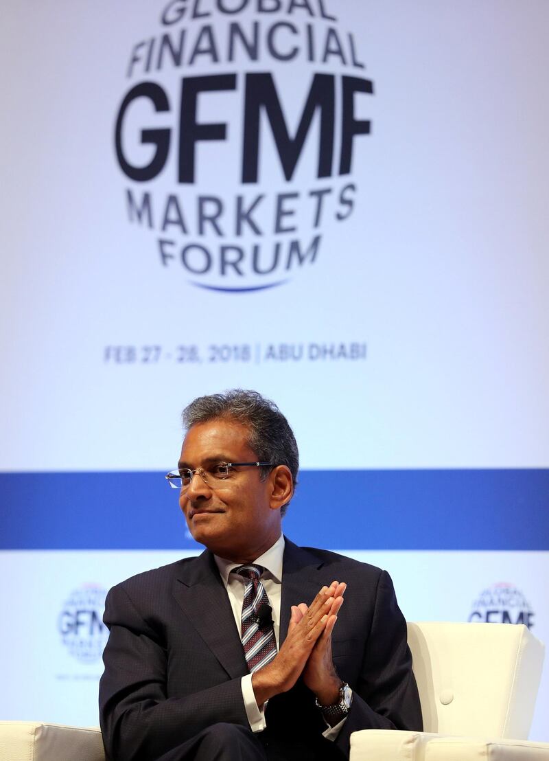 Abu Dhabi, United Arab Emirates - February 28th, 2018: Paddy Padmanathan, President & CEO, ACWA Power on a panel discussion about alternative Energy as a necessity not luxury at the Global Financial Market Forum. Wednesday, February 28th, 2018. Emirates Palace, Abu Dhabi. Chris Whiteoak / The National